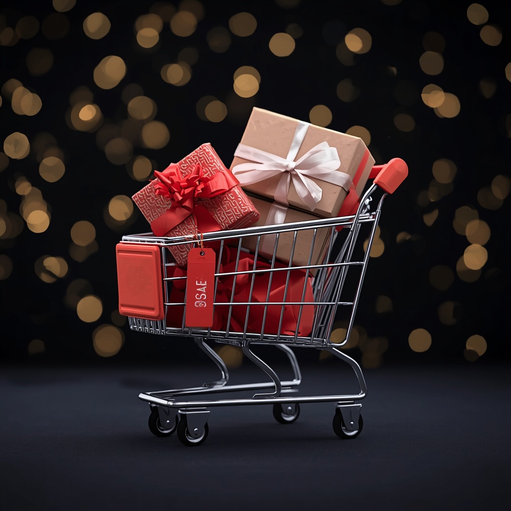 A shopping cart filled with gift boxes and sale tags on a dark background with golden bokeh lights